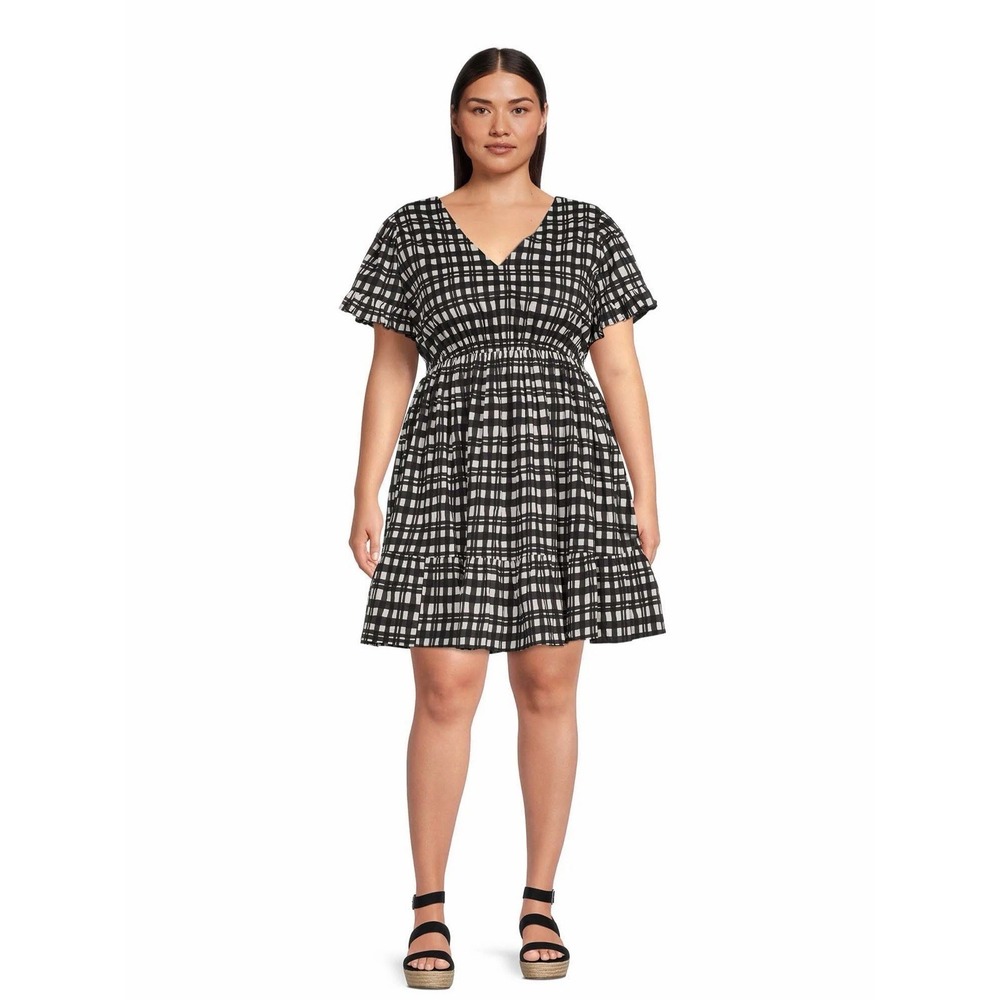 Terra & Sky Plaid Babydoll Dress Womens 1X (16W–18W) Black White Cottagecore